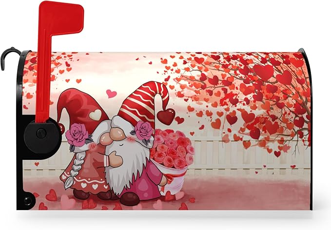 Valentines Gnomes Mailbox Cover Large Size 25.5 X 21 Love Hearts Rose Magnetic Mailbox Covers Red Valentine's Letter Box Cover Wraps Oversized for Garden Yard