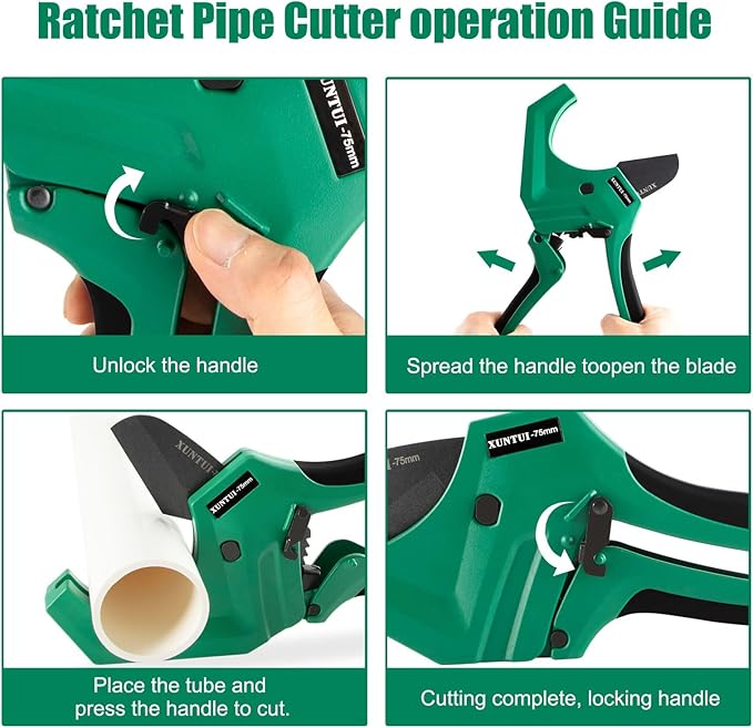Ratcheting PVC Pipe Cutter- for up to 3-inch OD(Sch 40/80 Pipe) | SKD5 Steel Blade | Professional Plumbing Tool for DIY, Gardening,Plumber(Dark Green,75MM)
