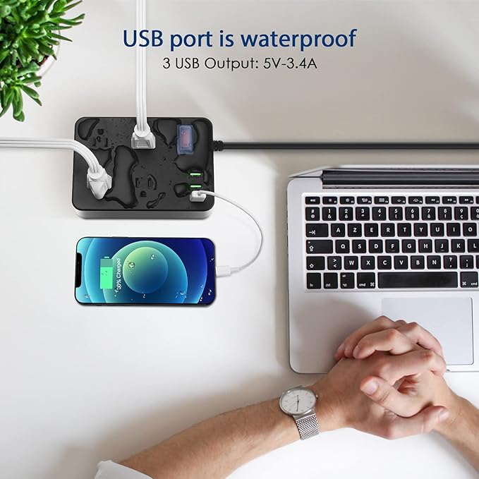 Outdoor Power Strip Weatherproof with USB,Waterproof Power Strip with 4 Wide Spaced Outlets,1700 Joules Surge Protector,15 Ft Extension Cord Power Strip with Low Profile Flat Plug (Black)