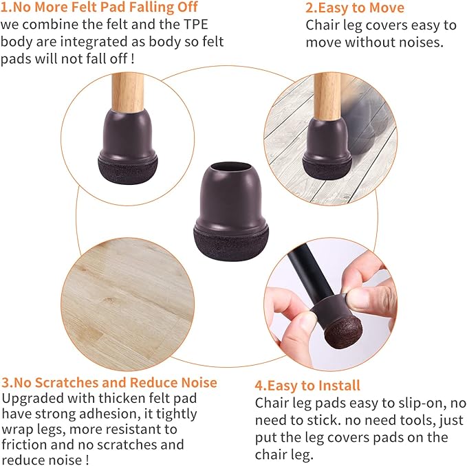 Ezprotekt 24 Pcs Extra Small Chair Leg Protectors with Felt, Silicone Felt Furniture Pads, Floor Protectors for Chair, Table Bar Stools Leg Protectors Caps Dark Brown (S Fit: 3/5" to 3/4", 15-19mm)