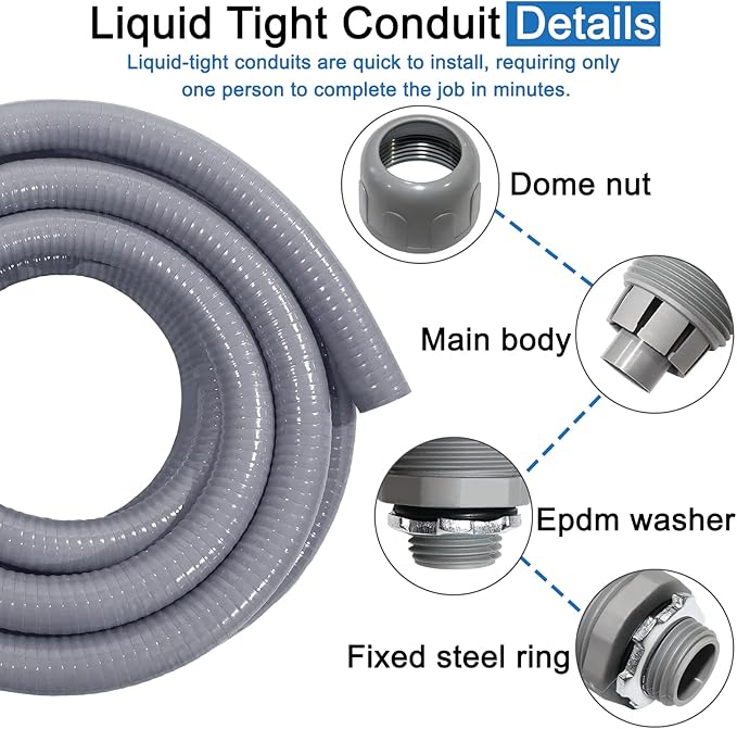 1/2inch 100ft Liquid-Tight Conduit and Connector Kit,Flexible Non-Metallic Liquid Tight Electrical Conduit Kit with 5 Straight and 3 90-Degree Conduit Connector Fittings,(1/2" Dia, 100 Feet)