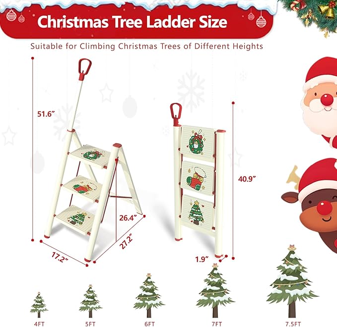 3 Step Ladder, Christmas Tree 3 Step Ladder with Single-Handrail, 3 Step Stool with Anti-Slip Pedals for Home Kitchen,Xmas Decoration Ladder for Tree and Holiday Decoration,600lbs Max Load Capacity