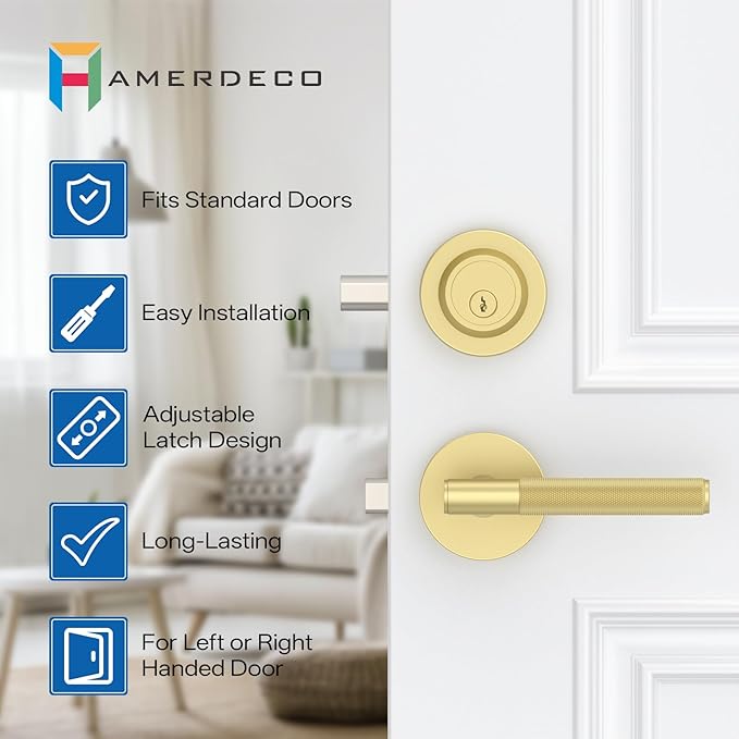 Amerdeco Front Door Lock Set with Double Cylinder Deadbolt, Exterior Entry Door Lever, Heavy Duty Entry Door Locksets for Left or Right Hand Exterior Door(Brushed Gold 2 Pack)