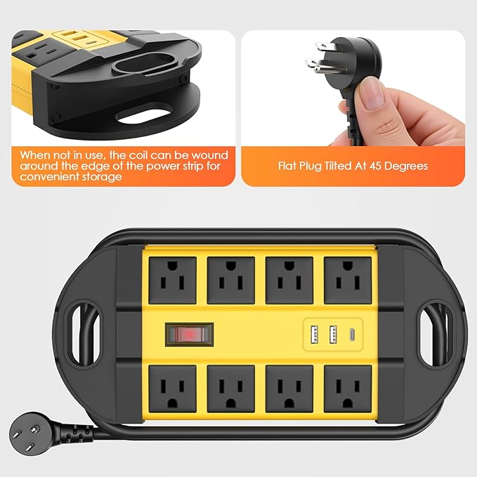 HHSOET Outdoor Weatherproof 8 Outlet Power Strip, IPX6 Waterproof Surge Protector, 2 USB-A 1 USB-C Ports, 15 FT Extension Cord for Outdoor Patio Garden Porch Garage