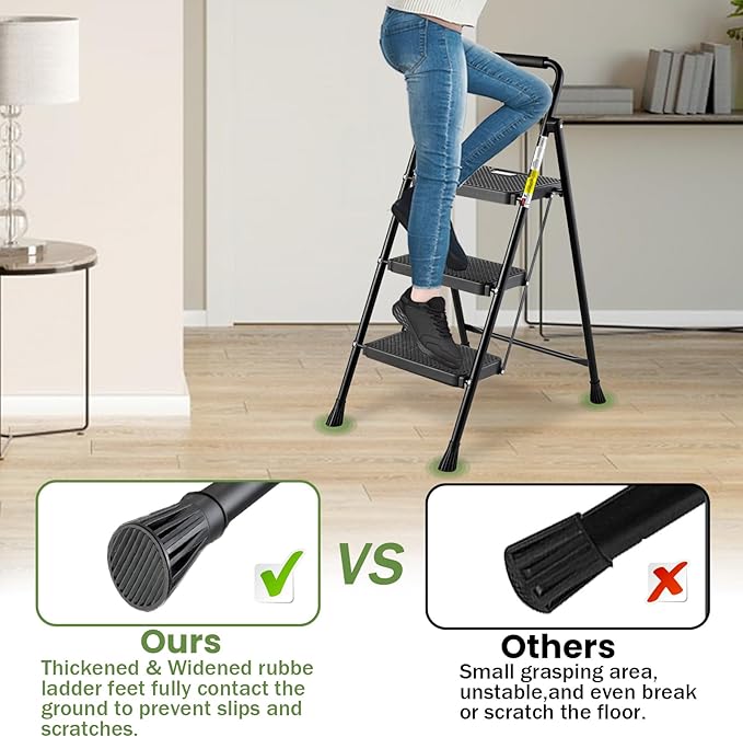 3 Step Ladder, Folding Step Stool 500 Lbs Capacity for Adults & Kids, Heavy Duty Steel Sturdy Step Ladder with Non Slip Wide Pedals, Space Saving Step Stool for Home Kitchen Office Library, Black