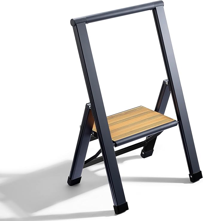 Step Ladder 1 Step Folding, Decorative - Beautiful Bamboo & Black Aluminum, Ultra Slim Profile, Anti Slip Steps, Sturdy-Portable for Home, Office, Kitchen, Photography Use,by SORFEY