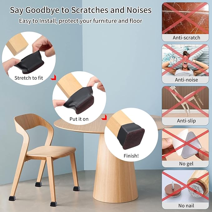 Ezprotekt 24 Pcs Square Chair Leg Floor Protectors for Hardwood Floors, Silicone Felt Furniture Pads, Table Chair Leg Cups Covers, Bar Stools Leg Protectors Caps (XL Fit: 1.5" - 2", Black)