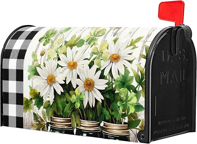 Buffalo Plaid Daisy Mailbox Covers - Magnetic, Waterproof, Spring/Summer Floral Designs - Standard Size 21 x 18 Inch - Farmhouse Welcome Cover - Garden/Yard Decor