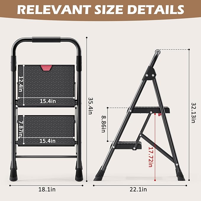 KINGRACK 2-Step Ladder, 800lbs Folding Step Stool with Anti-Slip Wide Pedals and Handrail, Sturdy Steel Ladder for Home, Kitchen, Indoor & Outdoor, Black
