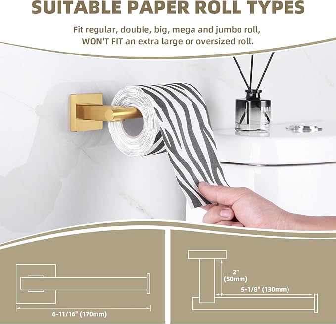 Suyar Brushed Gold Bathroom Accessories, SUS 304 Stainless Steel Bathroom Hardware Set 4 Pieces, Include Robe Hook, Toilet Paper Holder, Hand Towel Holder, Towel Bar, Wall Mount