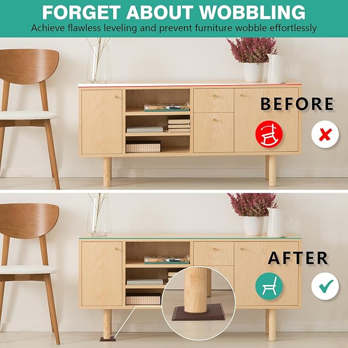 Furniture Leveler 12pcs Kit Size Variety | Multi-Purpose Rubber Shim for Leveling Feet Stable | Anti-Wobble Pad for Uneven Table, Dresser Leg, Toliet and More Furniture | Prevent from Wobbling