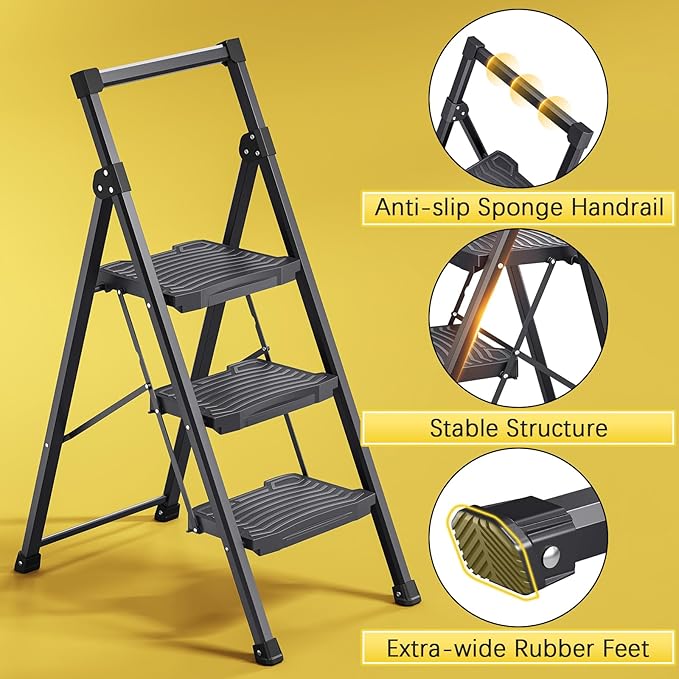 KINGRACK Step Ladder 3 Step Folding, 900lbs 3 Step Ladder with Non-Skid Wide Pedal and Handrails, Lightwight Household Ladder, Sturdy Step Stool, for Your Kitchen, Closets, Office Use, Garage, Black