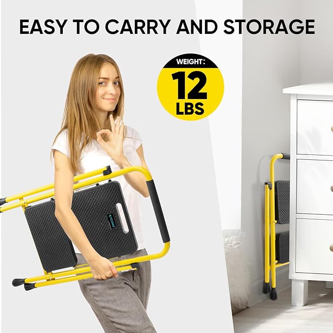TICONN 2 Step Ladder, Heavy Duty Foldable Step Stool, Portable Steel Folding Stool for Household Garage Storage (Yellow)