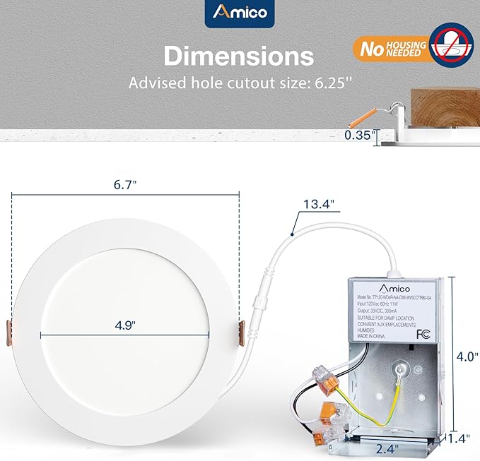 Amico 20 Pack 6 Inch 5CCT Ultra-Thin LED Recessed Ceiling Light with Junction Box, 2700K/3000K/4000K/5000K/6000K Selectable, 12W Eqv 110W, Dimmable Can-Killer Downlight, 1050LM High Brightness