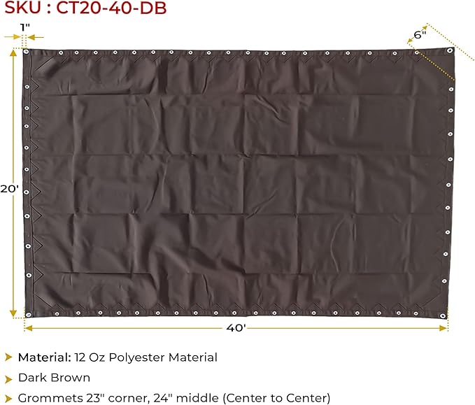 Mytee Products 20' x 40' Dark Brown 12oz Canvas Tarp with Grommets - Water Resistant - Heavy Duty Canvas Tarps - Multipurpose Tarpaulin Cover for Canopy Tent, Roof, Camping, Semi Trucks & Cargo