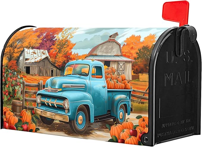 Kawani Fall Mailbox Cover - Autumn Harvest Thanksgiving Pumpkin Farm Truck Magnetic Standard Size 21x18 Inch Rustic Waterproof Post Box Wrap Garden Yard Decor for Outdoor