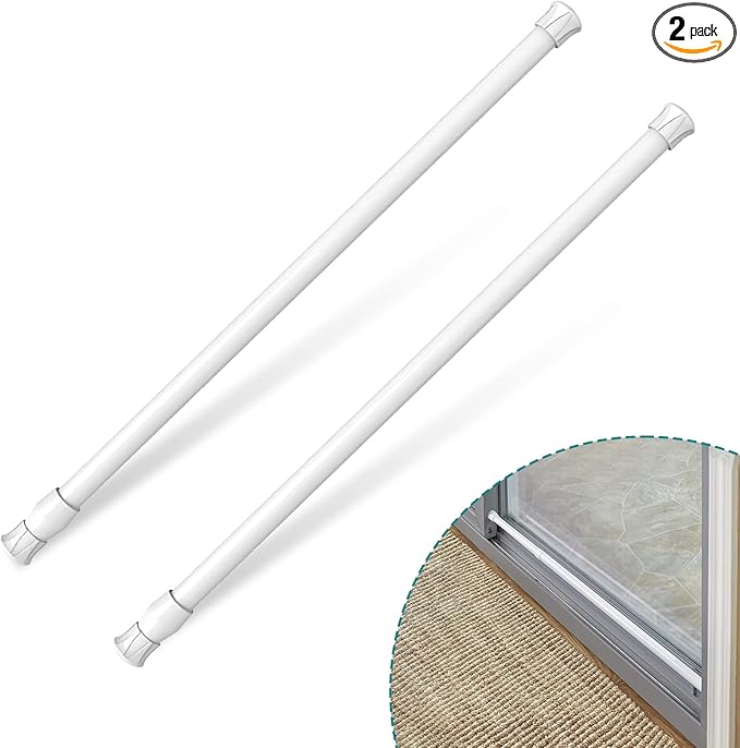2 Pcs Window Security Bars Adjustable Spring Tension Rod Sliding Glass Door Stick for Door with Rubber Tips, 1.3 cm in Diameter, Extends from 15.8-27.6 Inch, White