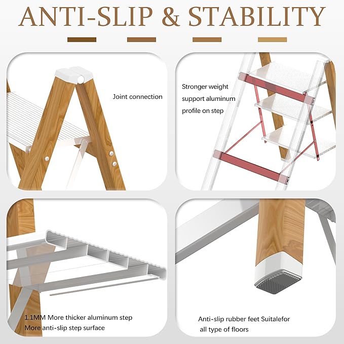 Lightweight Folding Step Ladder Household, Aluminum 4 Step Ladder Foldable for Home, Sturdy Step Stool for Adults 330 Lbs - White & Wood Grain