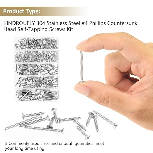 202 Pieces #4 x 1/2" 5/8" 3/4" 1" 1-1/4" Phillips Countersunk Head Self-Tapping Screws, Wood Screws Assortment Kit, 304 Stainless Steel