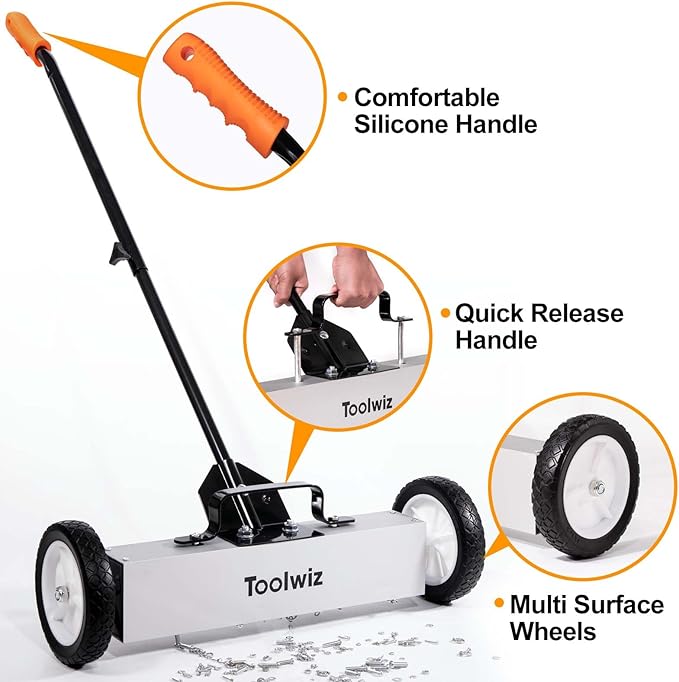 Toolwiz 18 Inches 26 Lbs Magnetic Sweeper Magnetic Pickup Tool with Wheels Telescoping Tool Holder with Quick Release Latch and Extension Handle Heavy Duty Metal Pick Up