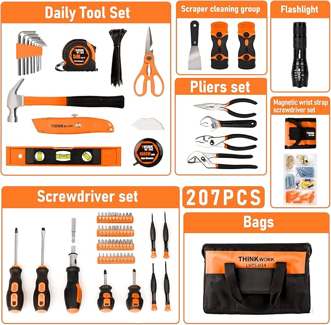 THINKWORK Tool Set - 207 Piece Portable Home Repairing Tool Kit, General Household Hand Tool Set with 13'' Wide Mouth Open Storage Tool Bag, Perfect for DIY, Home Maintenance, Handyman - Gift for Men