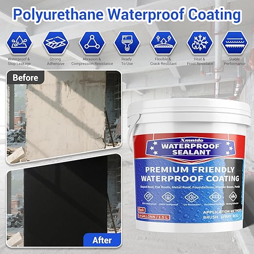 Polyurethane Waterproof Coating, 0.4 Gallon / 51 Fl Oz., Black Roof Sealant Multi-Surface Leak Repair Roofs, Foundations, Basements, Garages, Indoor and Outdoor Liquid Water Proof Sealant
