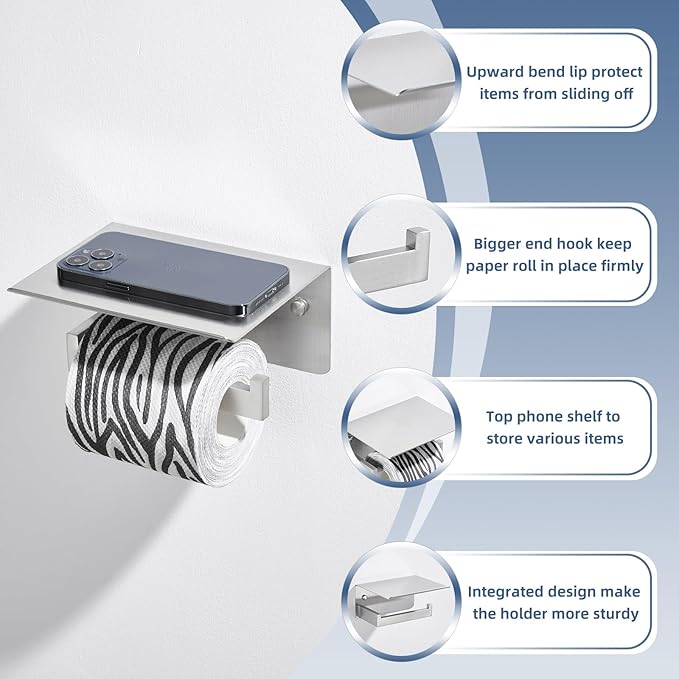 APLusee Brushed Nickel Toilet Paper Holder with Phone Shelf, 304 Stainless Steel Toilet Tissue Roll Holder, Wall Mounted Bathroom Paper Roll Dispenser