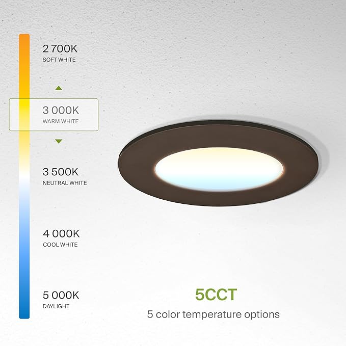 ASD 6 Pack 3 Inch LED Recessed Light 6W, 5 CCT 2700K-5000K CRI90+, IC Rated Ultra Thin Dimmable Ceiling Lights with J Box, Canless Wafer Downlight, Round Slim Panel Lighting, Energy Star ETL, Bronze