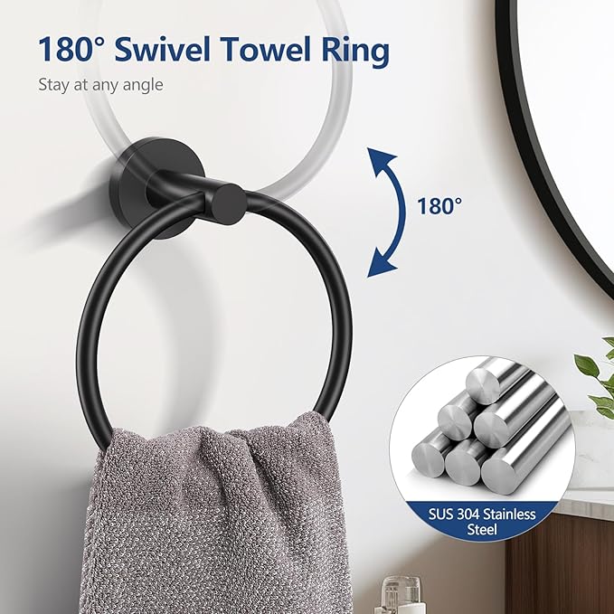TQKAG 5 Piece Bathroom Towel Bar Holder Sets Matte Black Bathroom Hardware Set Stainless Steel Toilet Paper Holder with Shelf Bathroom Accessories Kit Wall Mounted