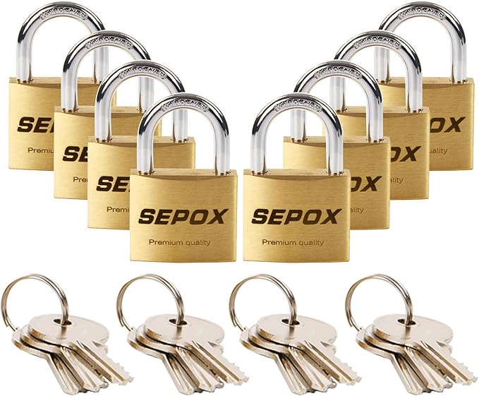 SEPOX 8-Pack Padlock Keyed-Alike: Ultra-Durable Solid-Brass Body 1-3/16'' 30mm, Anti-Cut Shackle, Edge Chamfered Safety – 8 Locks w/ 12 Same Brass Keys Ideal Locker, Luggage, Case & More