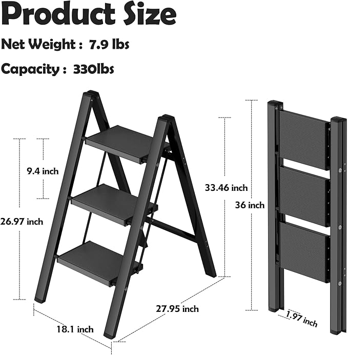 Taranta 3 Step Ladder,Aluminum Lightweight Folding 3 Step Stool with Anti-Slip Wide Pedal,330lbs Capacity Step Ladder for Household,Kitchen,Office - Black