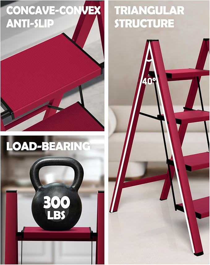 Taranta 4 Step Ladder,Aluminum Lightweight Folding 4 Step Stool with Anti-Slip Wide Pedal,330lbs Capacity Step Ladder for Household,Kitchen,Office - Red