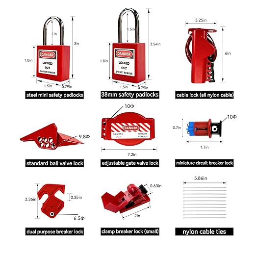 BULANGD Electrical Lockout Tagout Kit - Hasps, Safety Padlocks Circuit Breaker Lock, Loto Tags, Plug Lockout, Steel Lockout Hasp for Safe Lockouts Red…