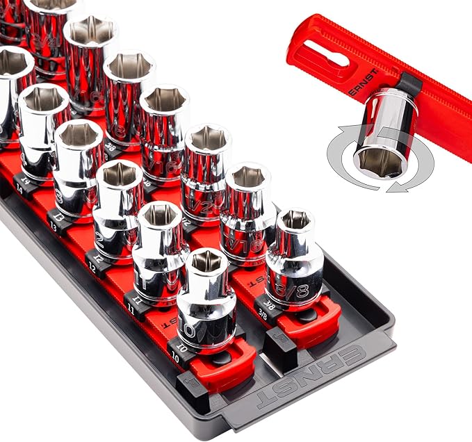 Ernst Manufacturing Socket Organizer Rails - Socket Boss 2-Rail 1/2-Inch-Drive Twist-Lock Socket Holder, 13-Inch, Red (8494) - Made in the USA