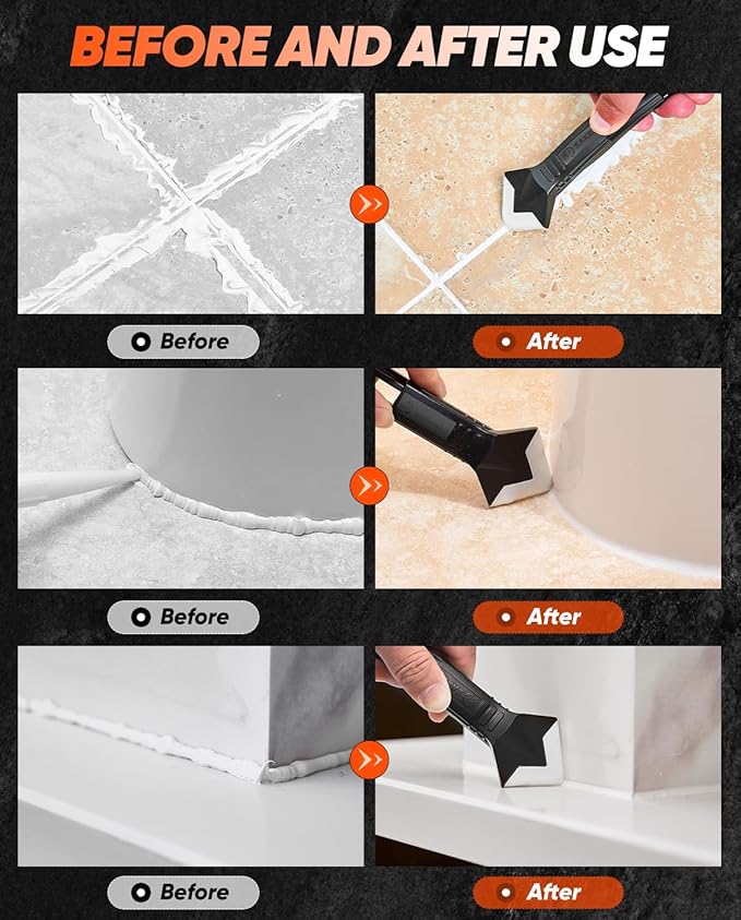 Saker Silicone Caulking Tools-3 in 1 Sealant Finishing Tool Grout Remove Scraper (Stainless Steelhead),Caulk Remover Glass Glue Angle Scraper for Bathroom,Kitchen,Floor,Window,Sink Joint,Frames Seal