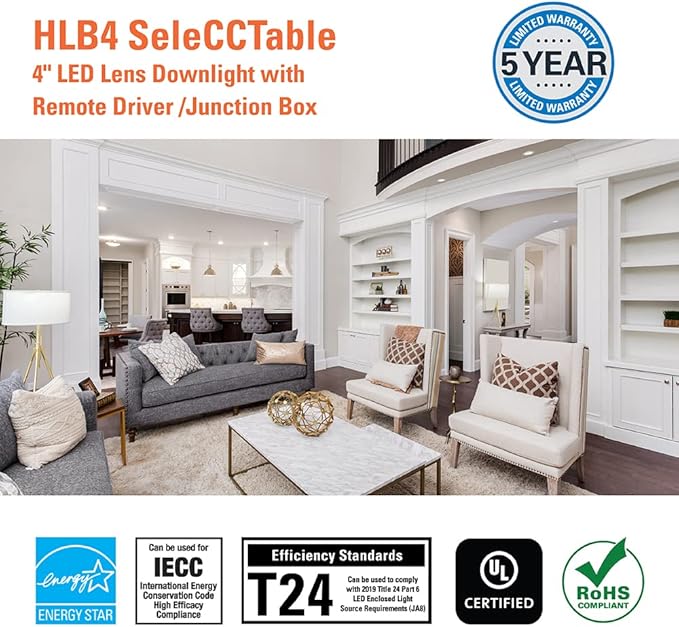 HALO HLB 4 inch LED Recessed Light, Thin Canless, Dimmable w/Selectable Color Temperatures, 6-Pack - HLB40699FS1EMWR-6PK