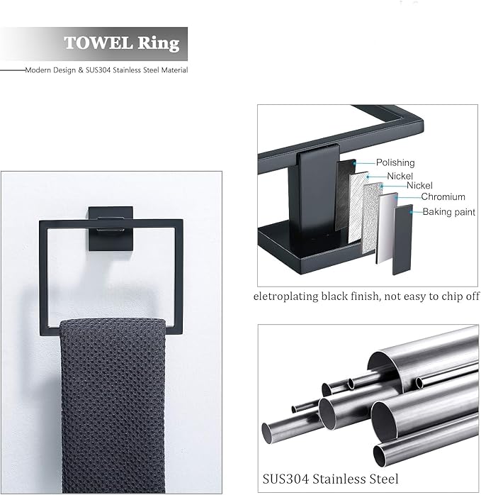 5-PCS 23.6inch Bathroom Hardware Set,Include 23.6" Towel Holder, Hand Towel Ring,Toilet Paper Holder,2pcs Robe Hook-Matte Black