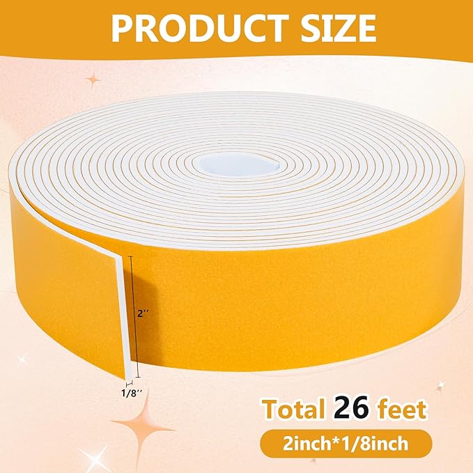 26Feet Weather Stripping Seal (2 Inch X 1/8 Inch) for Door Window, High Density Foam Tape, Soundproofing, Insulation Strip, Door Sealers for Door Frame- White