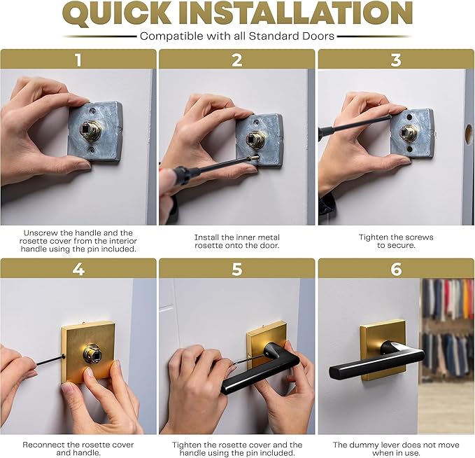 Mega Handles Prime Dummy Lever, Door Handle for Closet or French Doors, Single Side Door Levers, Fits All Standard Door Sizes, Covered Screws Included - Satin Brass/Matte Black (2 Pack) 5"