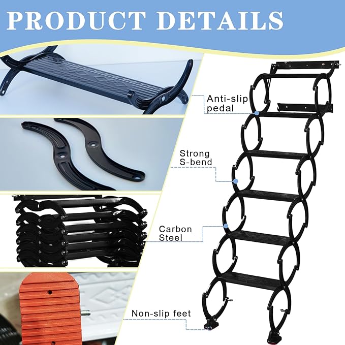 7 Steps Wall Mounted Attic Ladder, Indoor Attic Stairs Pull Down System, Metal Telescoping Step Ladders, Anti-slip Retractable Folding Stair, Loft Extension Steps Staircase for Garage (white, 7 Steps)