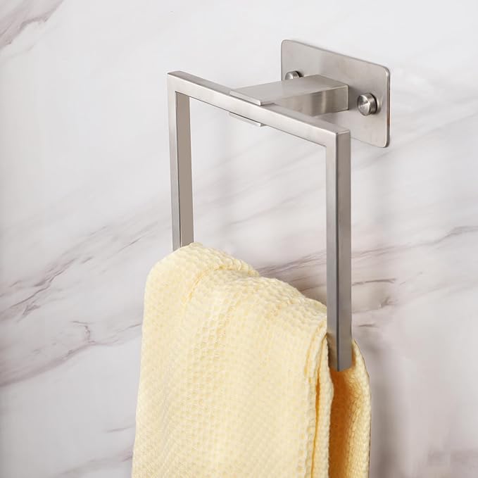 LANC Hand Towel Rings for Bathroom Wall Mount Brushed Finished Square Self Adhesive Hand Towel Holder for Kitchen Towel Holder Lavatory Stainless Steel Contemporary Shower Towel Racks, A8396BN