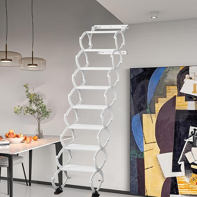 8 Steps Wall Mounted Attic Ladder, Indoor Attic Stairs Pull Down System, Metal Telescoping Step Ladders, Anti-Slip Retractable Folding Stair, Loft Extension Steps Staircase (White, 8 Steps)