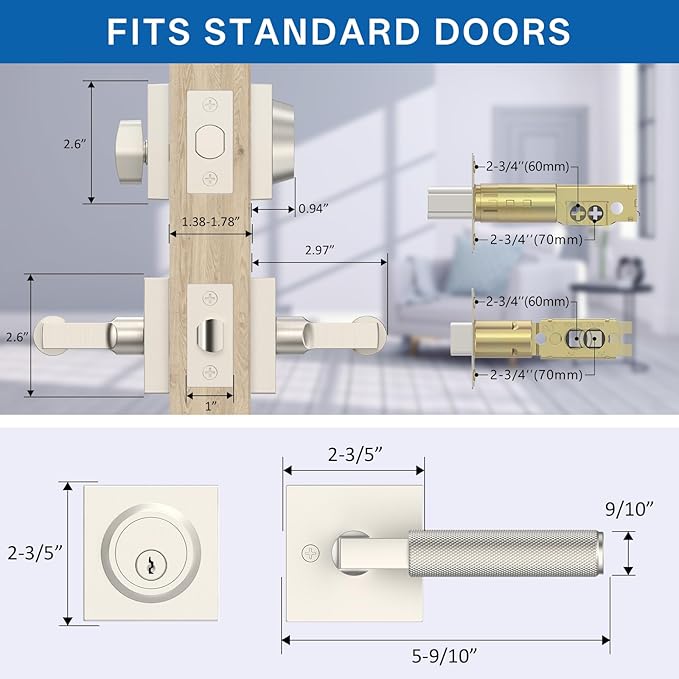 Amerdeco Front Door Lock Set with Double Cylinder Deadbolt, Exterior Entry Door Lever, Heavy Duty Entry Door Locksets for Left or Right Hand Exterior Door(Brushed Satin Nickel 2 Pack)