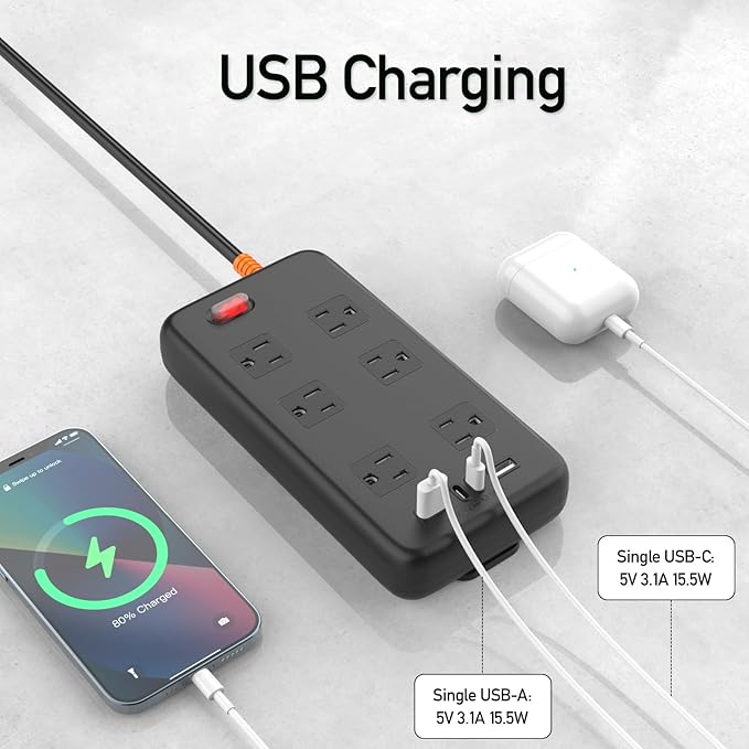 Outdoor Power Strip Weatherproof, KPQ IPX6 Waterproof Surge Protector with 6 Wide Outlets, 2 USB A and 2 USB C, 10FT Heavy Duty Extension Cord for Home, Office, Dorm, Patio, FCC UL Listed