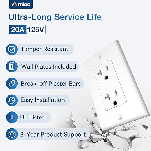 Amico 50 Pack Wall Outlet, 20 Amp Outlets, UL Listed, Tamper Resistant Standard Electrical Outlet, Decorator Receptacle with Wall Plate, Suitable for Home and Business, 125V/1875W, White
