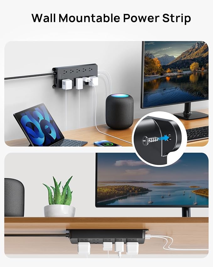 TROND Surge Protector Power Strip with 360° Rotating Flat Plug, 4000J, ETL Listed, 10 Widely Spaced Outlets, 2 USB A and 2 USB C, 5ft Extension Cord, Wall Mountable, for Home Office Garage, Black