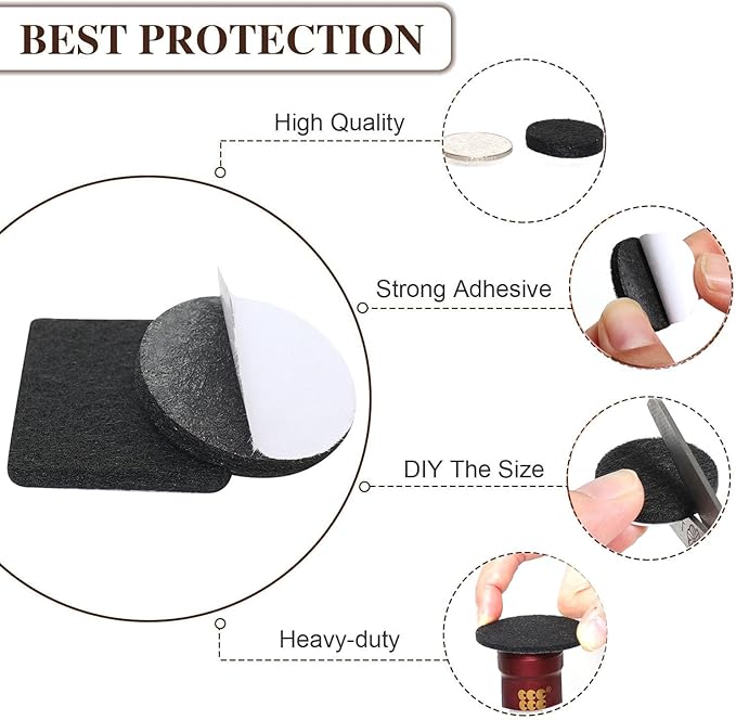 Yelanon Felt Furniture Pads -182 Pcs Premium Felt Pads for Chair Legs Furniture, Floor Protectors for Hardwood Floors, Black