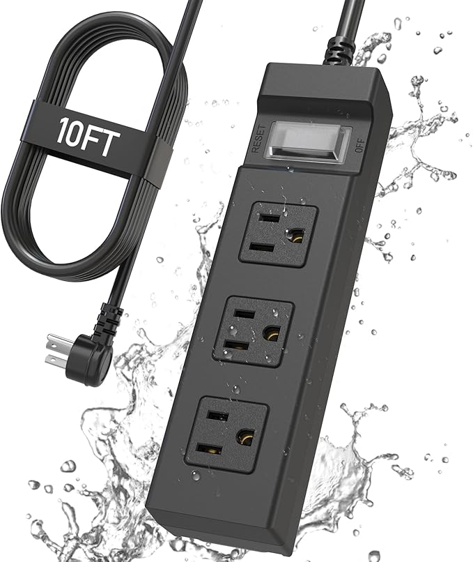 Outdoor Power Strip Weatherproof, KPQ IPX6 Waterproof Surge Protector with 3 Wide Outlets, 10FT Flat Plug Extension Cord, Wall Mountable for Home, Office, Dorm, Patio, FCC UL Listed