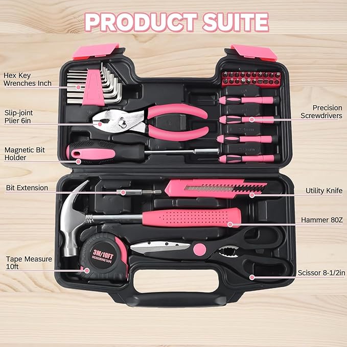 39-Piece Household Tool Set in - Perfect for Home, Garage, Office and Dorm Use - Essential Tools for The Whole Family (Pink)