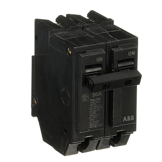 ABB Q-Line® THQL2150 50A Circuit Breaker • 50 Amp Double Pole Breaker, 120/240 VAC, 10 kAIC • Thermal Magnetic Trip • Long-Time & Instantaneous Protection (LI) • Plug-in Mount